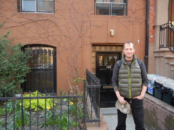 sci-fi and dark fantasy author David J Rodger outside 169 Clinton Street Brooklyn residence of H P Lovecraft 1925 - 1926 where he wrote Horror At Red Hook